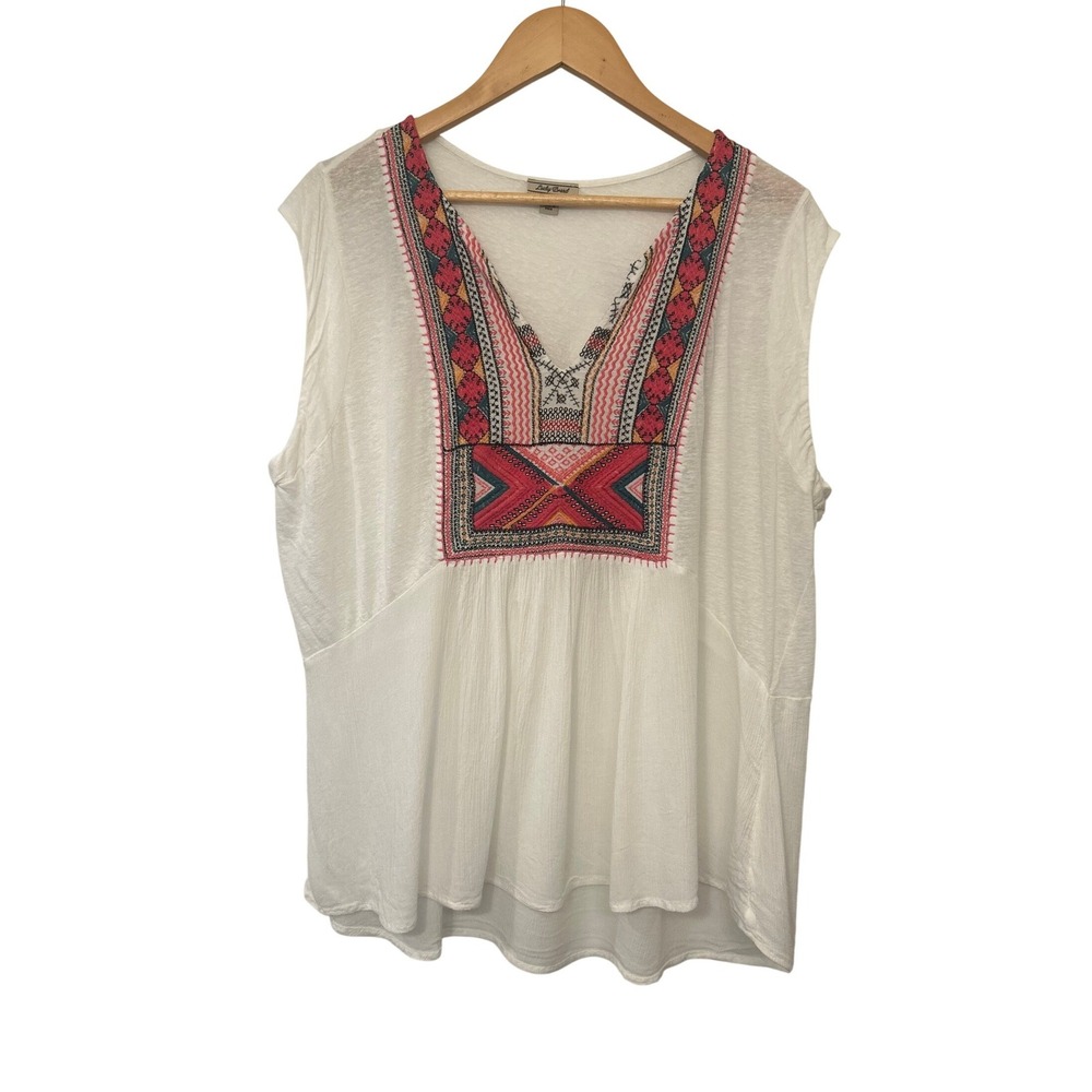 Lucky Brand Boho Embroidered Linen Modal Slub Knit Top 2X Modal Linen Blouse